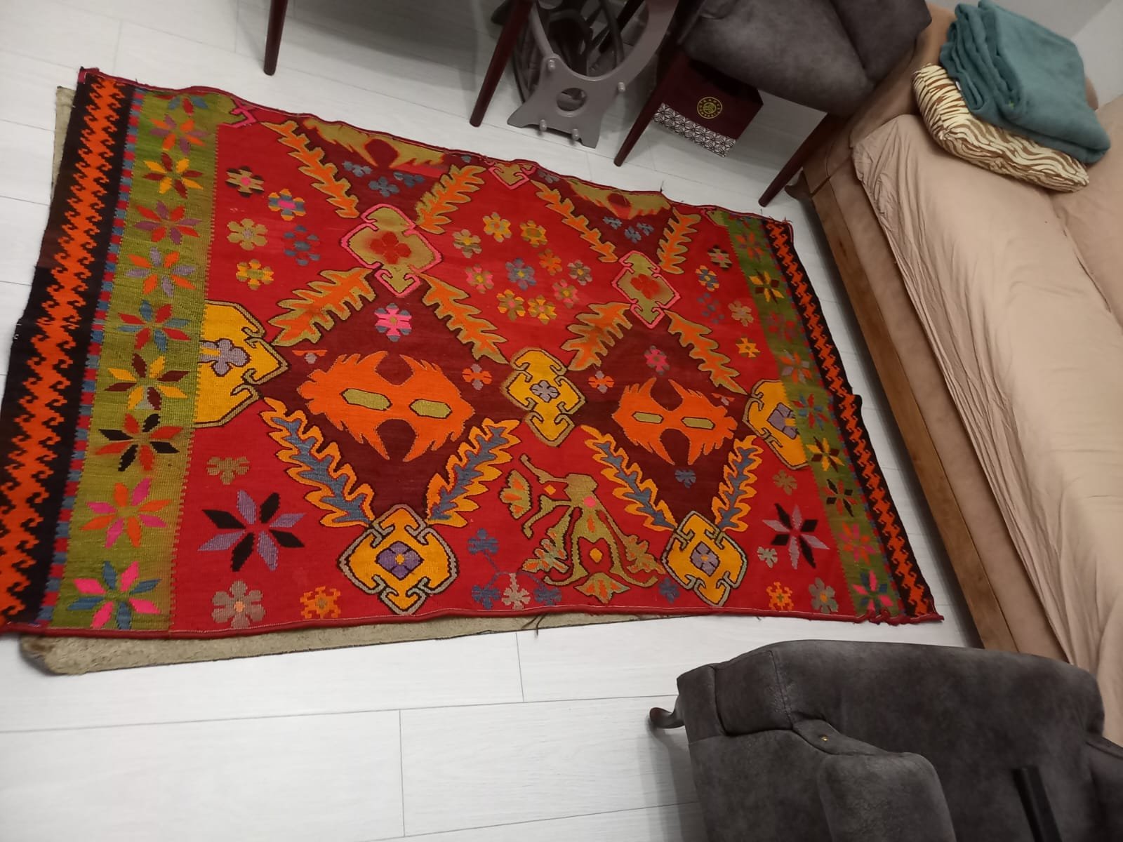 hand-knitted rug with traditional motifs